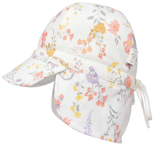 Floral girls sun hat with back flap and adjustable ties. White base with pastel floral print. 