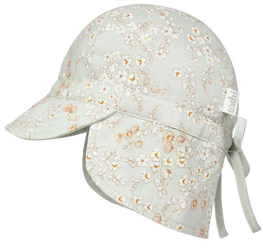 Floral girls sun hat, soft green base with white and gold flowers. 