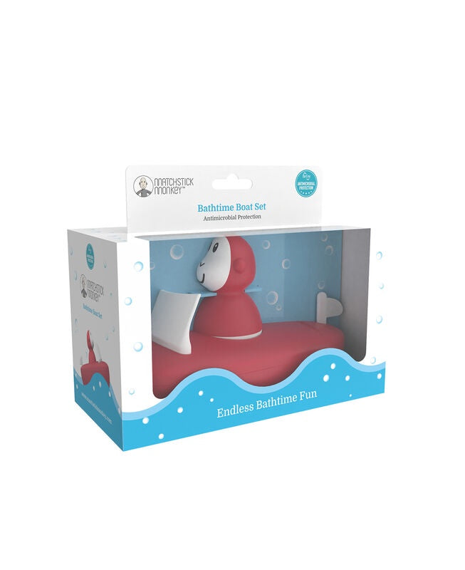 Red and white silicone boat set with bobbing monkey. 