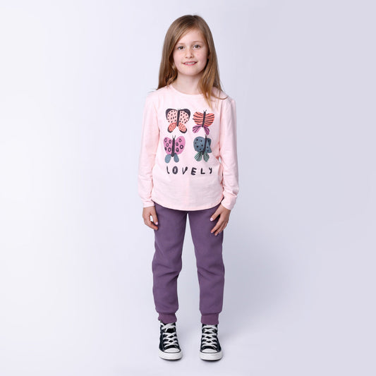 Pale pink base with four colourful butterflies on the front and the world Lovely in black font. 