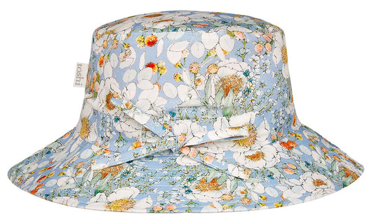 Childs broad brim sun hat with adjustable ties. Pale blue with native floral print all over. 