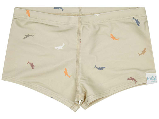 Swim short with colourful shark print and tie waist. 