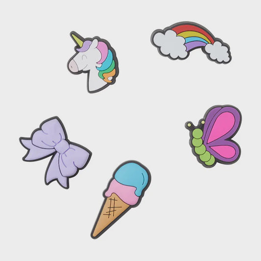 Jibbitz charm 5 pack unicorn, rainbow, butterfly, ice cream and purple bow. 