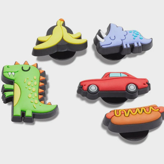 Crocs jibbitz charms 5 pack. 2 dinosaurs, red car, hotdog and banana split. 